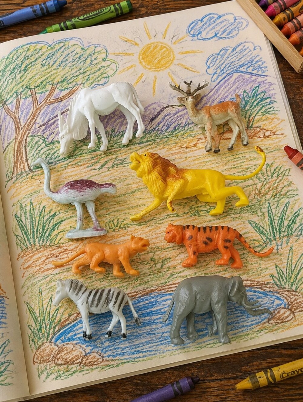 Assorted Kids Plastic Animal Toy Set Vintage Tiger Lion Ostrich Elephant Zebra
